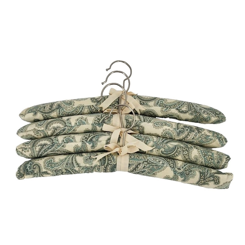 Set of 4 Padded Clothes Hangers‎ Teal Cream Paisley Fabric Ribbon Bow 15.5 Inch
